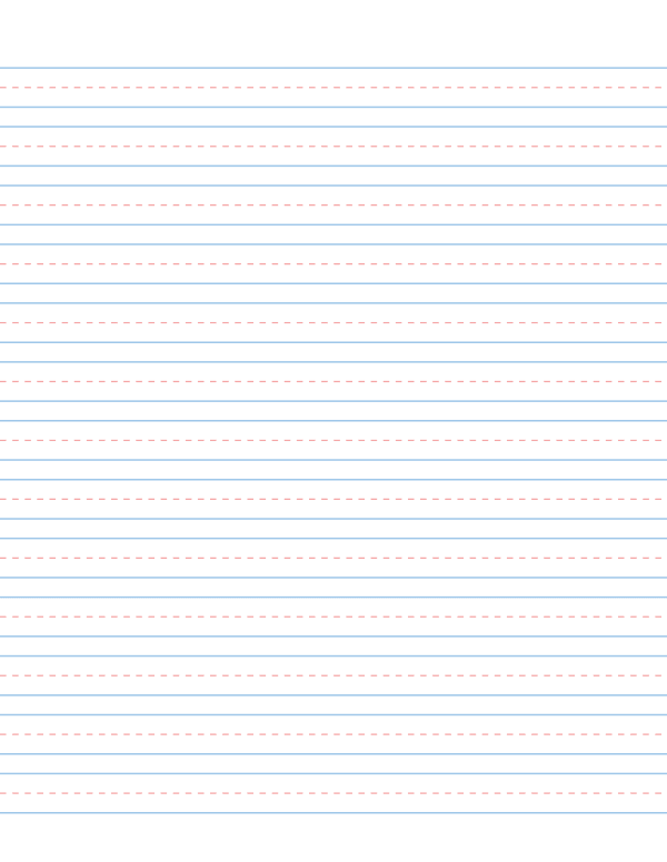 Printable handwriting practice sheet: 12.7 mm rows with solid top and baselines and a dashed red midline