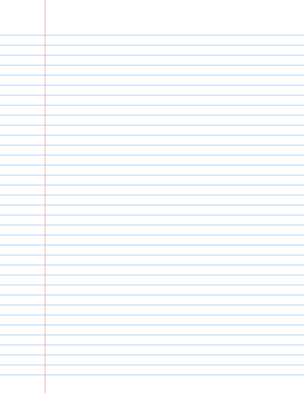 Printable lined sheet with light blue rules and a red margin line 32 mm from the left edge