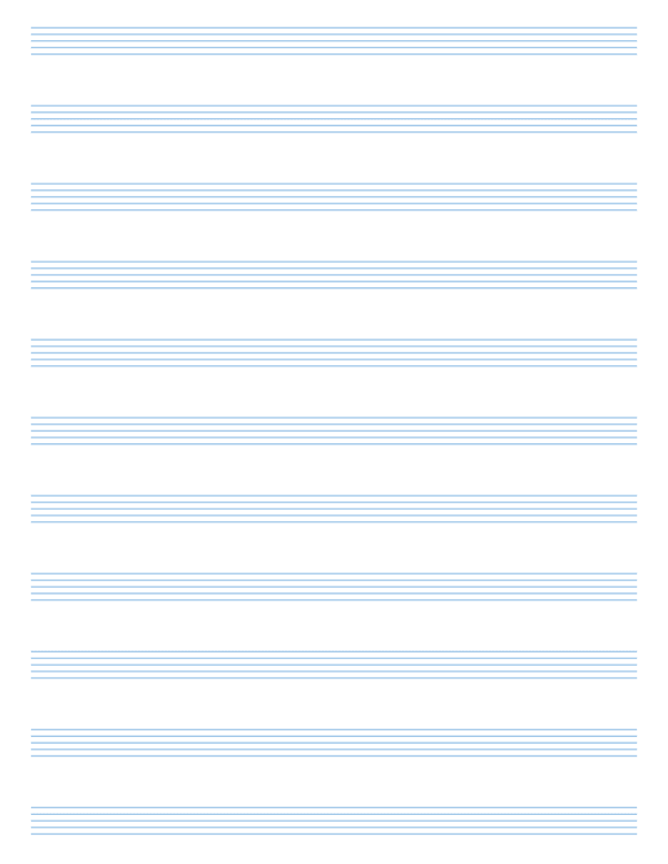 Printable music staff paper: eleven blank five-line staves in light blue on a US Letter sheet